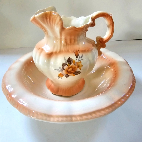 Vintage Pitcher Jug and Wash Basin bowl floral peach small - Picture 11 of 12